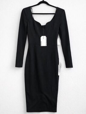 Dress the Population Sonia Black Bodycon Midi Dress Long Sleeve V-Neck NWT